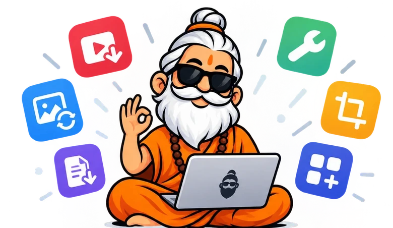 Toolz Baba, a friendly sage in sunglasses working on a laptop surrounded by tool icons